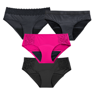 Combo Panties Hipster Negro y Hipster Fucsia - Flujo Abundante + Hipster Negro y  Bikini Negro - Flujo Regular