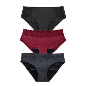 Combo Panties Hipster Negro - Flujo Abundante + Bikini Negro y  Hipster Vinotinto - Flujo Regular