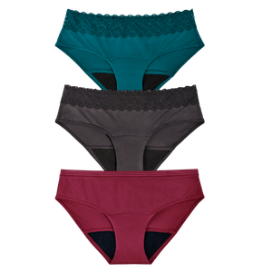 Combo Panties Hipster Negro + Hipster Azúl + Bikini Vinotinto - Flujo Regular