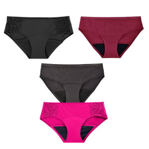 Combo Panties Hipster Negro + Hipster Fuscia - Flujo Abundante +  Bikini Negro +  Bikini Vinotinto - Flujo Regular