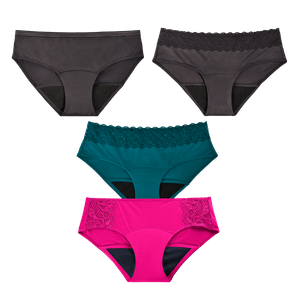 Combo Panties Hipster Fuscia - Flujo Abundante + Hipster Azúl +  Hipster Negro + Bikini Negro - Flujo Regular